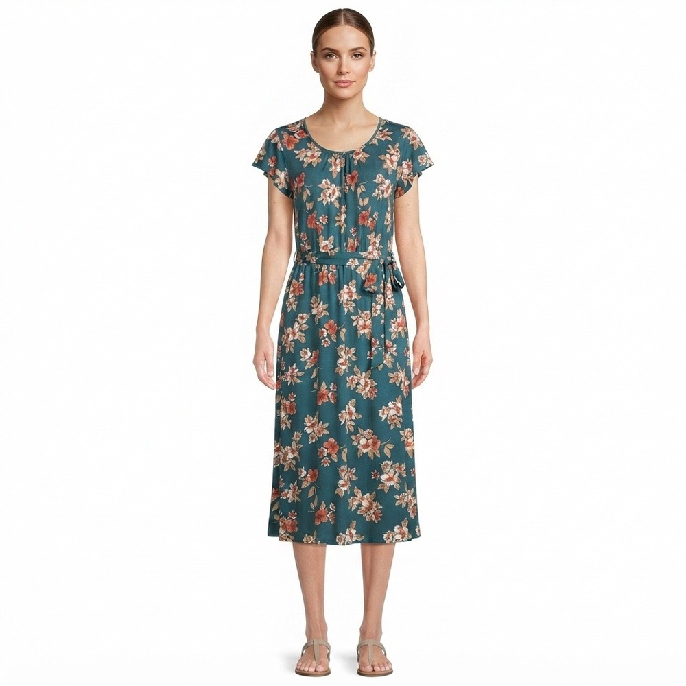 Joie de Vivre Teal Floral Midi Dress Short Sleeve Belted Elastic Waist Green M